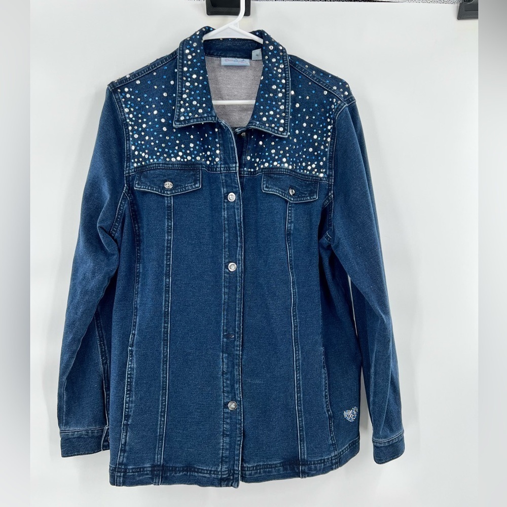 Quacker Factory blue embellished long sleeve jean shirt size L